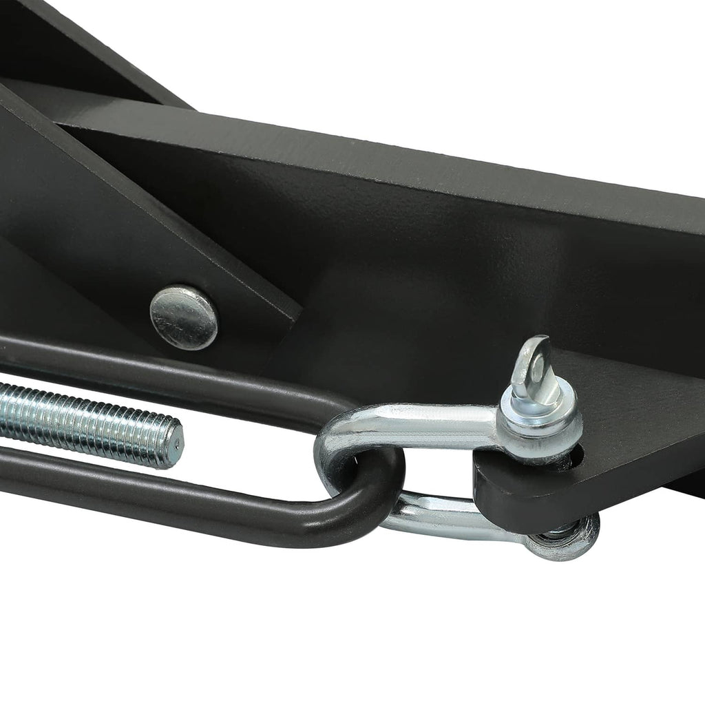 Black hitch bar with curved link, metal clevis pin, and mounting bolt