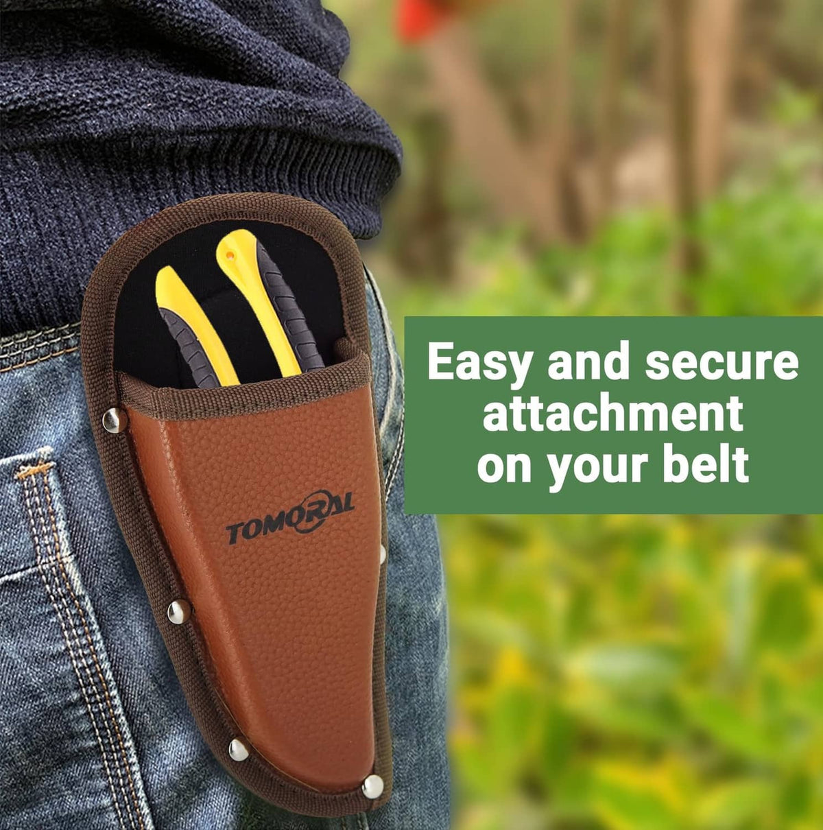 Brown pruning shear holster on belt with open top and riveted edges