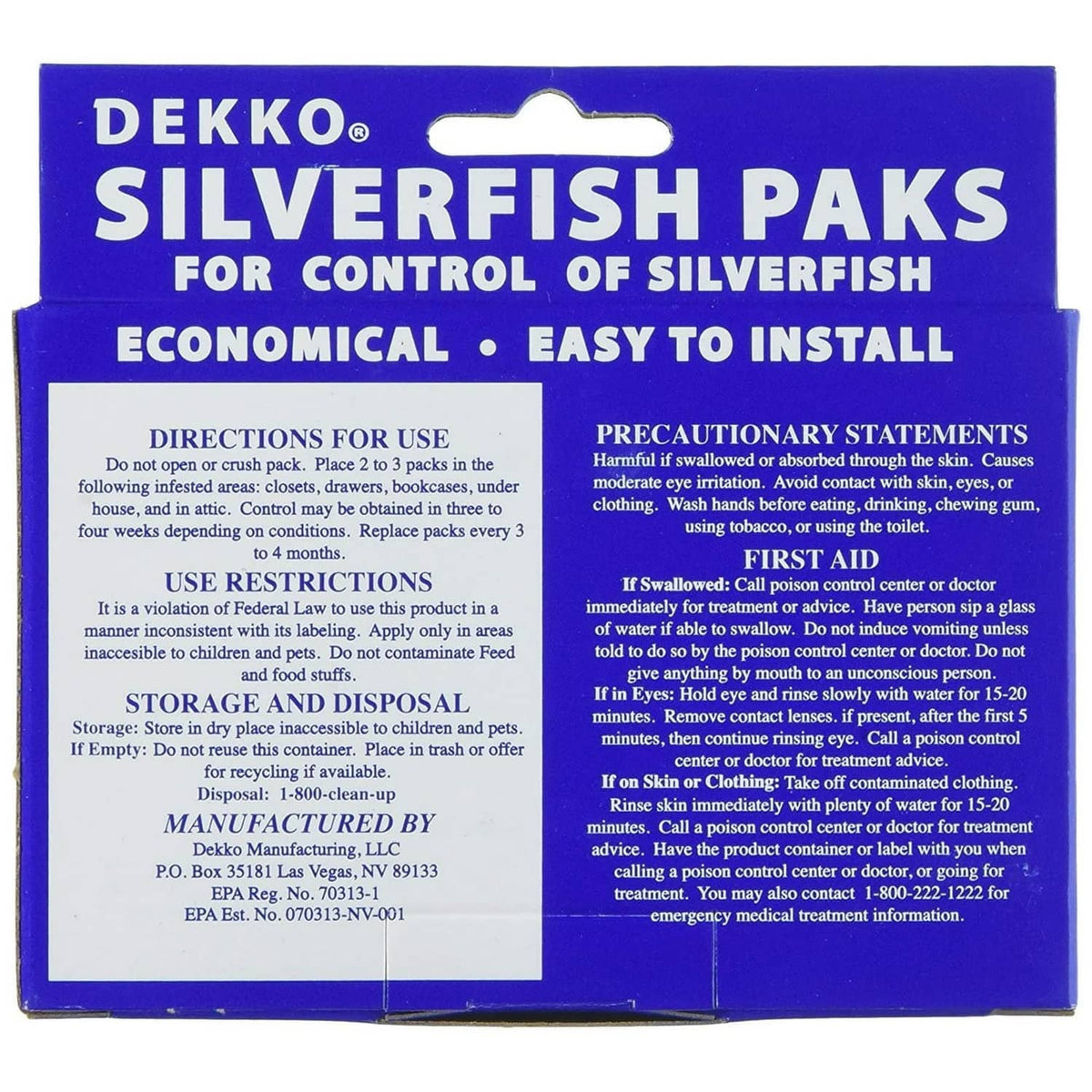 DEKKO Silverfish Paks box back with directions and safety information text