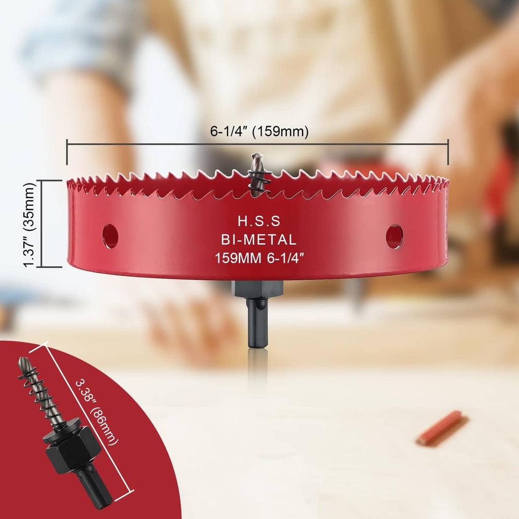 Red 6-1/4 in (159mm) hole saw with H.S.S bi-metal teeth and pilot bit