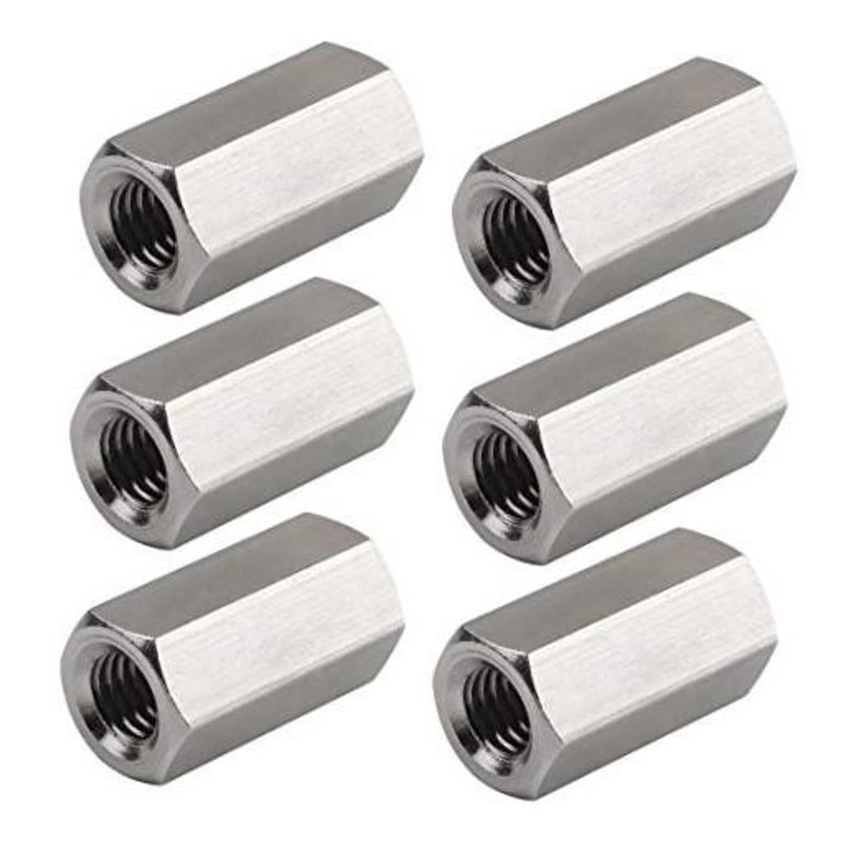 Set of 6 stainless steel hex coupling nuts, M8 threaded, 24mm long