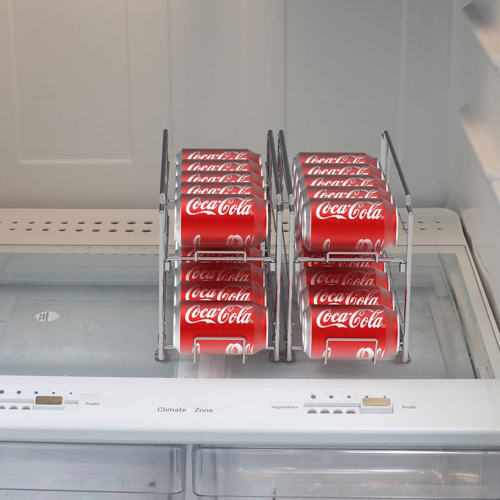 Stackable can dispenser rack on refrigerator shelf with two can holders