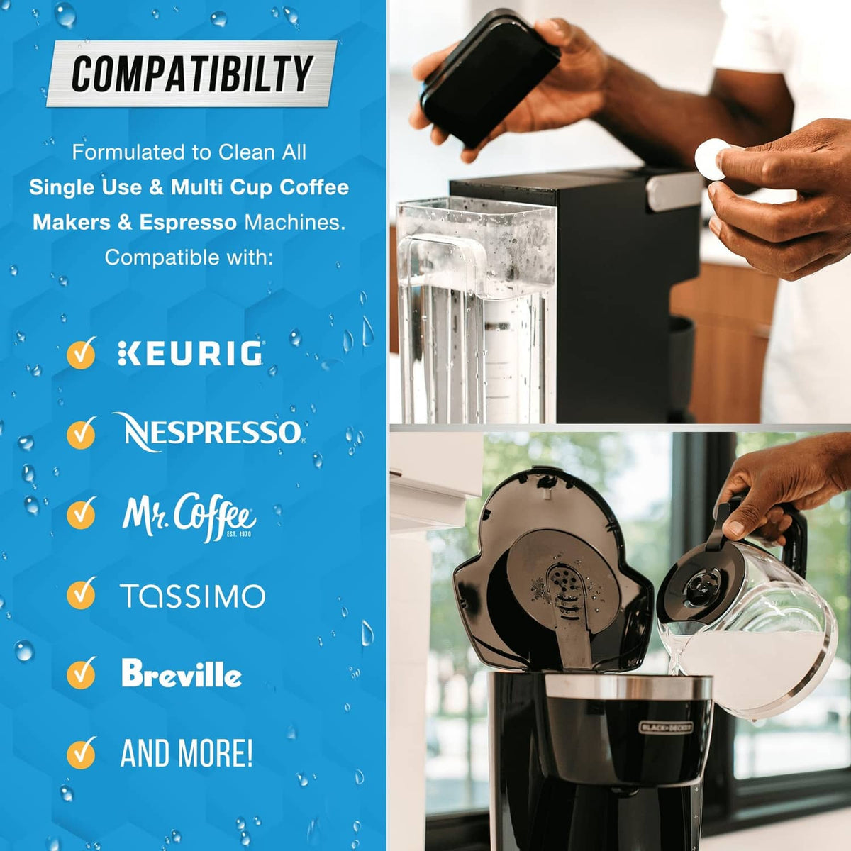 Compatibility for Keurig, Nespresso, Mr. Coffee, Tassimo, Breville; descaling tablets