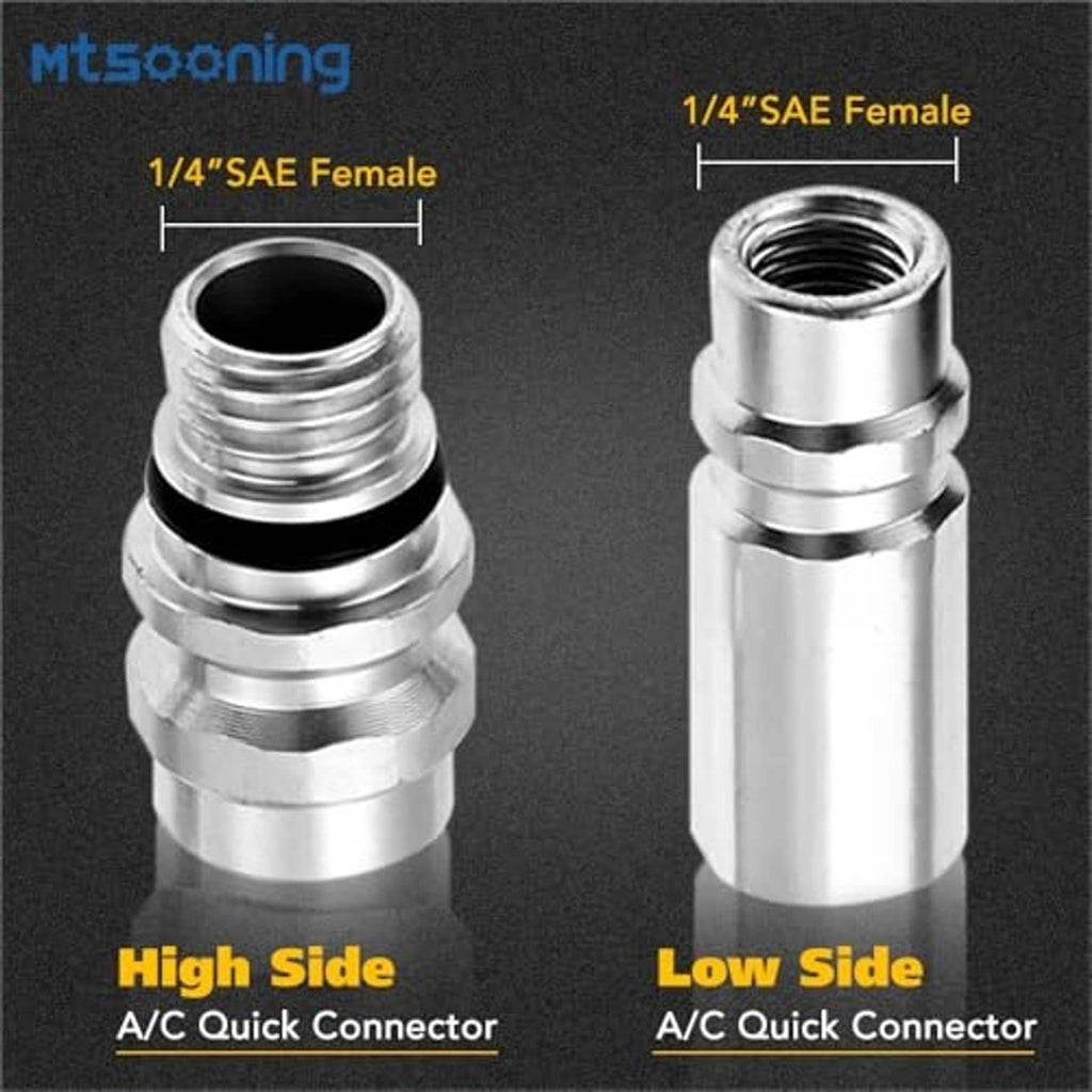 Two silver A/C quick connectors with threaded ends for high- and low-side service ports