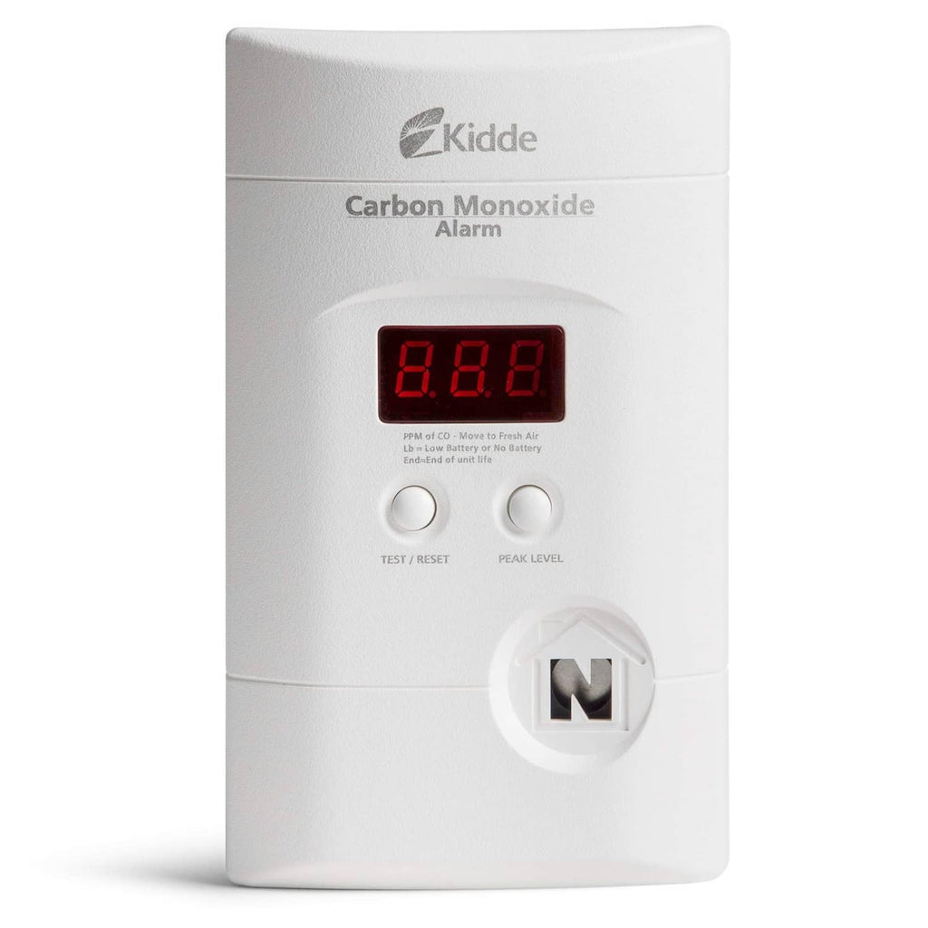 Kidde white plug-in carbon monoxide alarm with red digital display and test buttons