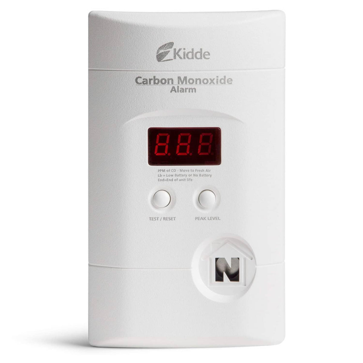 Kidde white plug-in carbon monoxide alarm with red digital display and test buttons