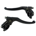 Black left and right motorcycle brake clutch levers with perch assemblies