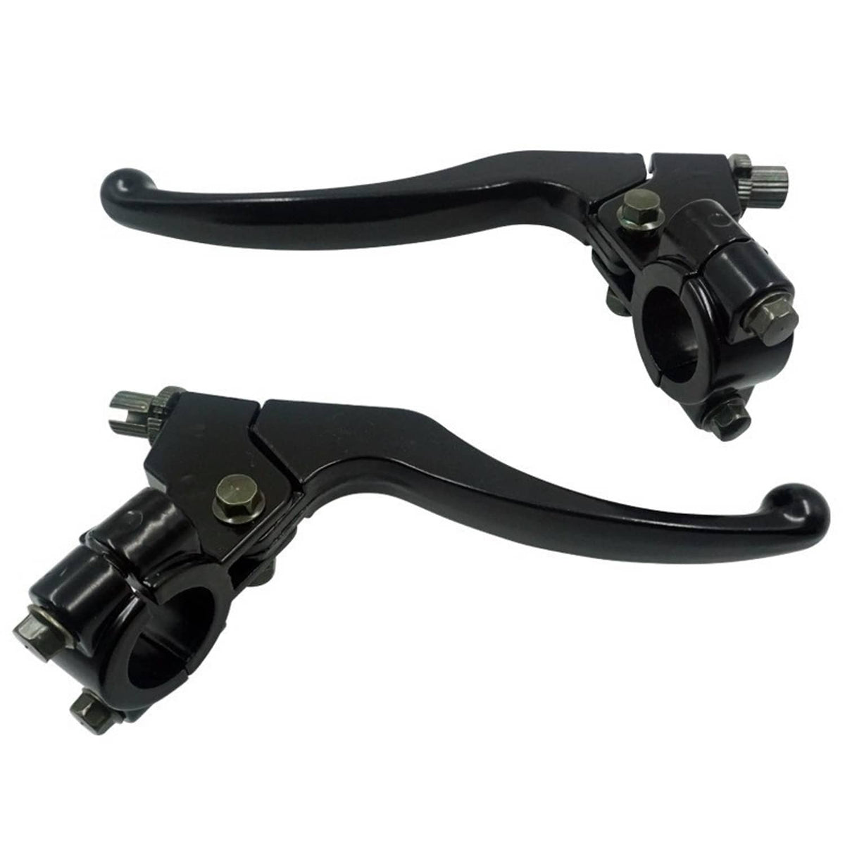 Black left and right motorcycle brake clutch levers with perch assemblies