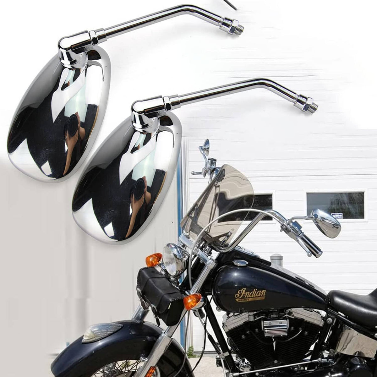 Two chrome oval motorcycle mirrors with long stems and reflective dark lenses