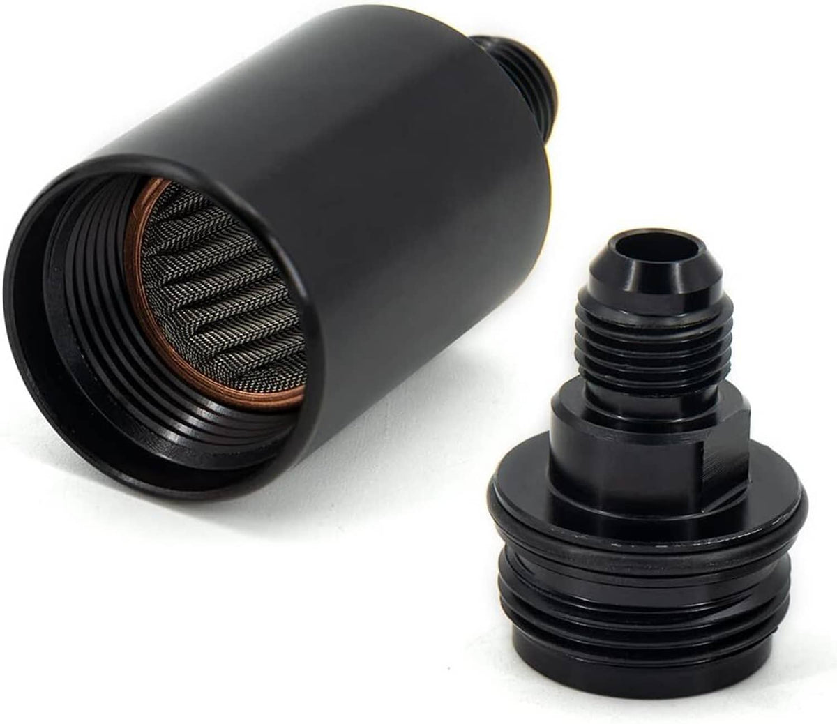 Black AN6 inline fuel filter with visible cleanable mesh element and end fittings