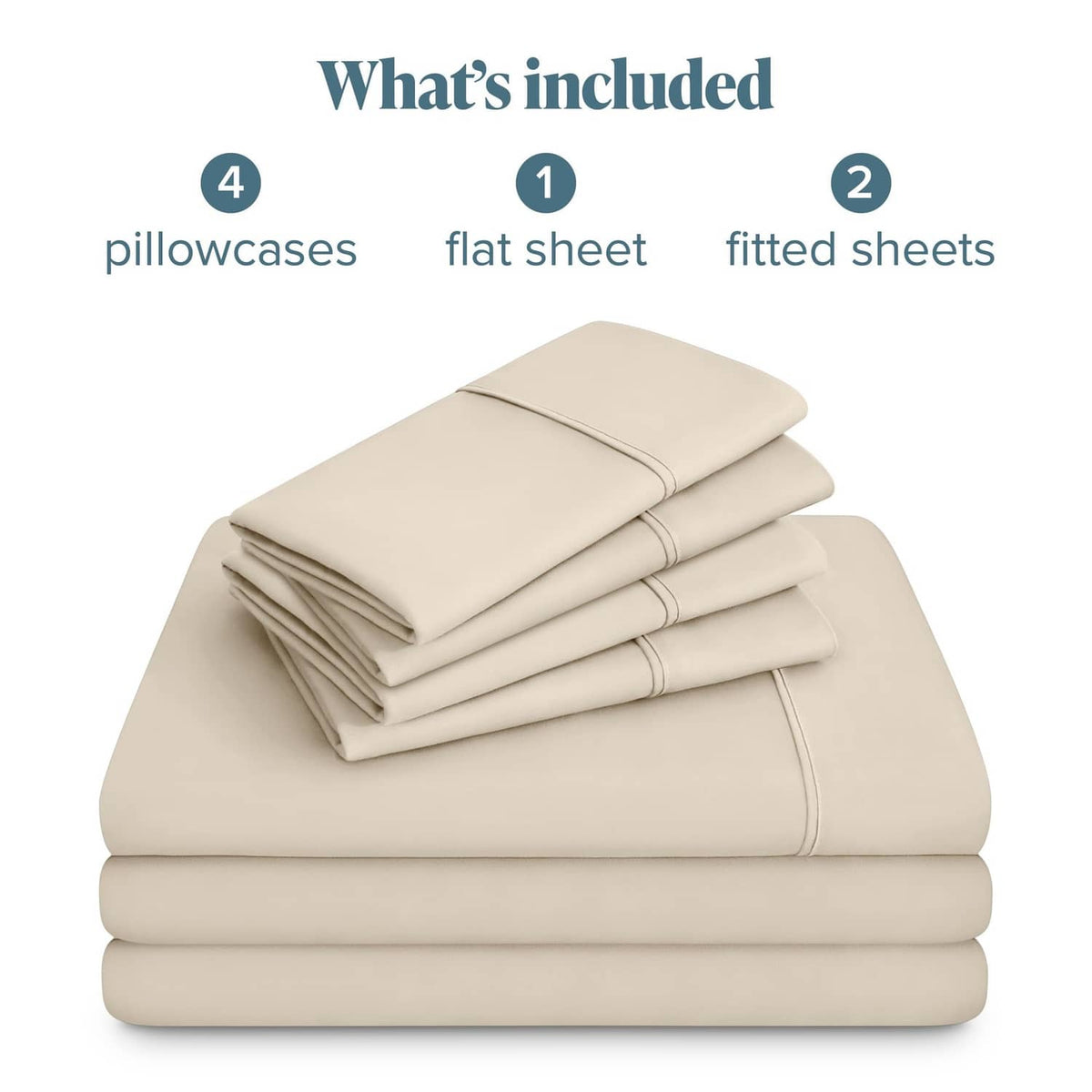 Stack of folded cream sheet set components: flat sheet and fitted sheets, with pillowcases