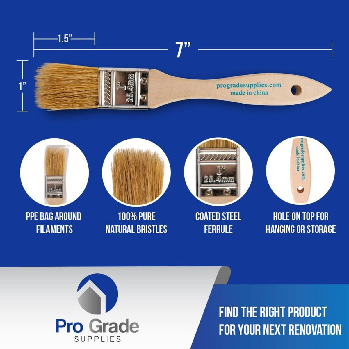 1-inch paint chip brush with metal ferrule and hanging hole, light-brown bristles