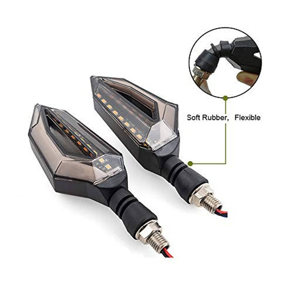 Two motorcycle LED turn signals with flexible soft rubber stems and threaded mounting ends