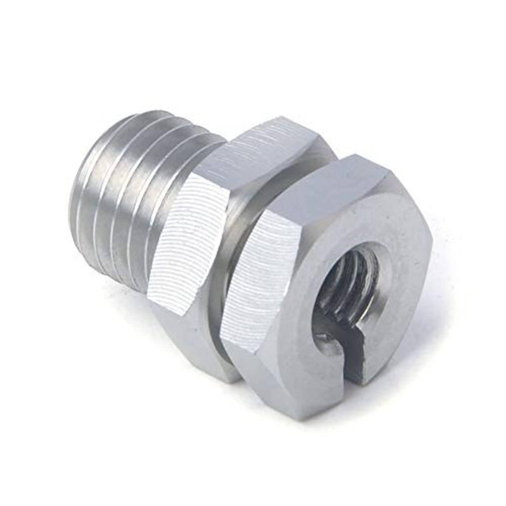 Metal throttle adapter fitting angled view with external threads and hex body, silver