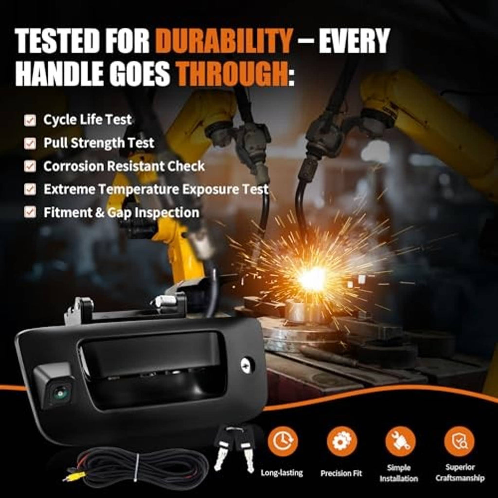 Tailgate handle backup camera with black housing and attached wiring harness.