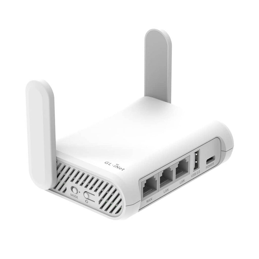 White portable travel router with two antennas and side Ethernet ports.