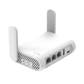 White portable travel router with two antennas and side Ethernet ports.