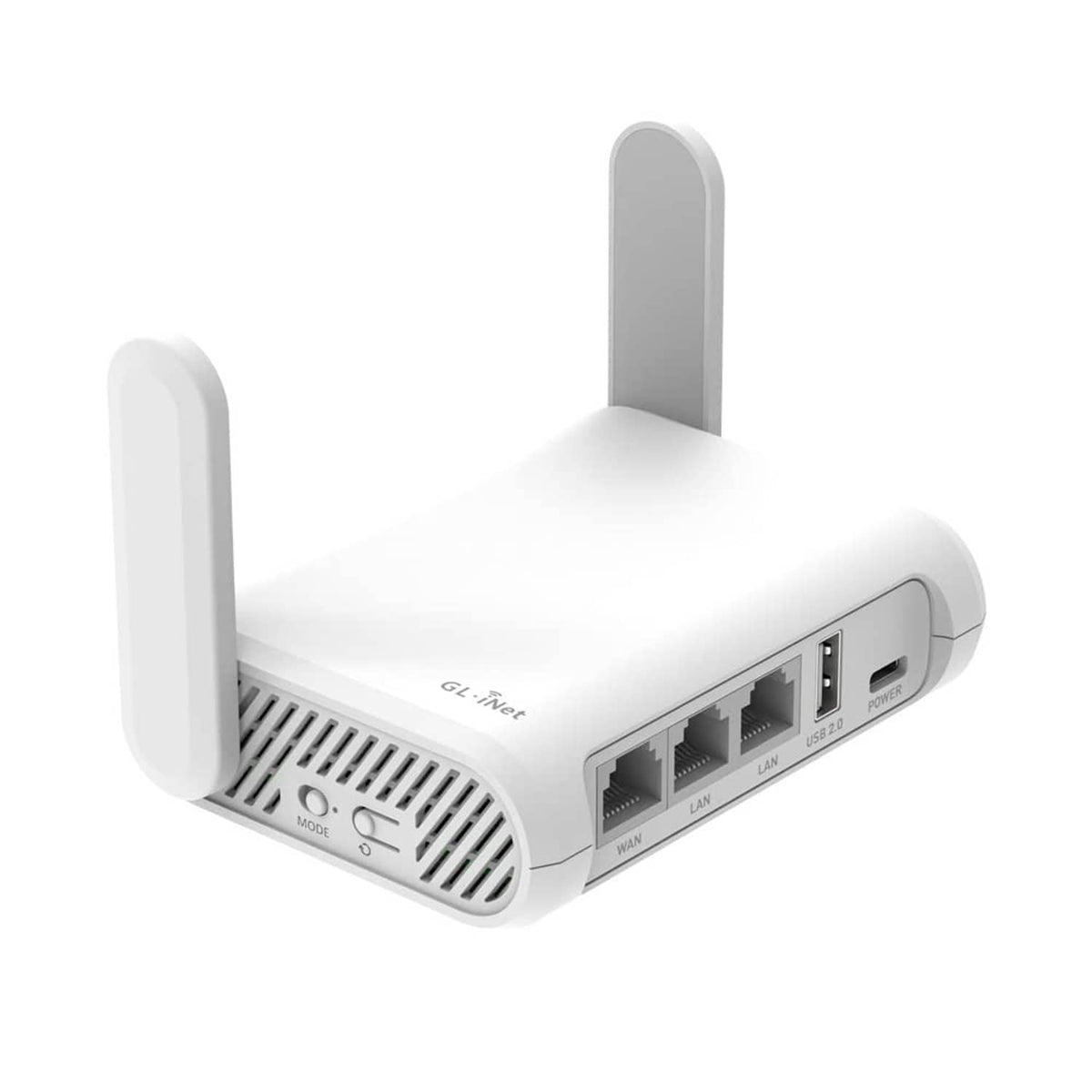 White portable travel router with two antennas and side Ethernet ports.