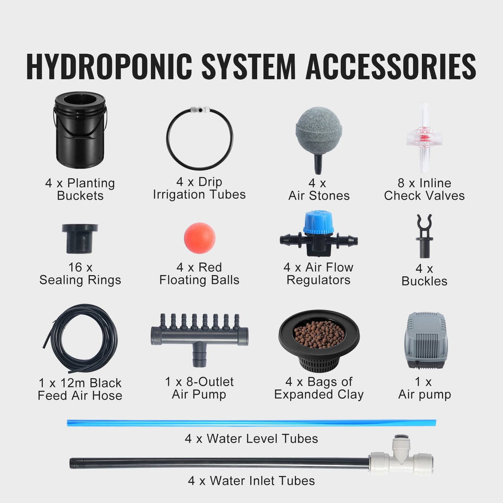 Hydroponic system accessories set: planting buckets, drip tubes, air stones, valves