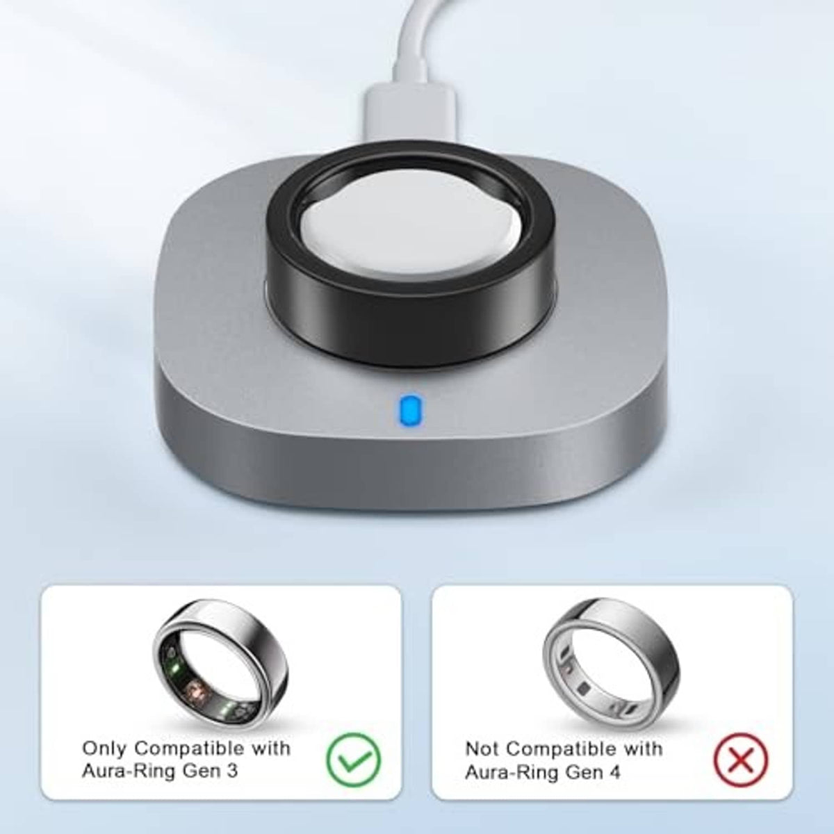 Grey ring charging dock with black circular cradle and blue LED indicator