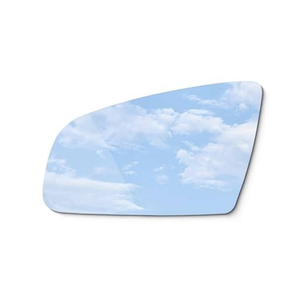 Left-side replacement mirror glass, rounded rectangular, blue sky reflection surface.