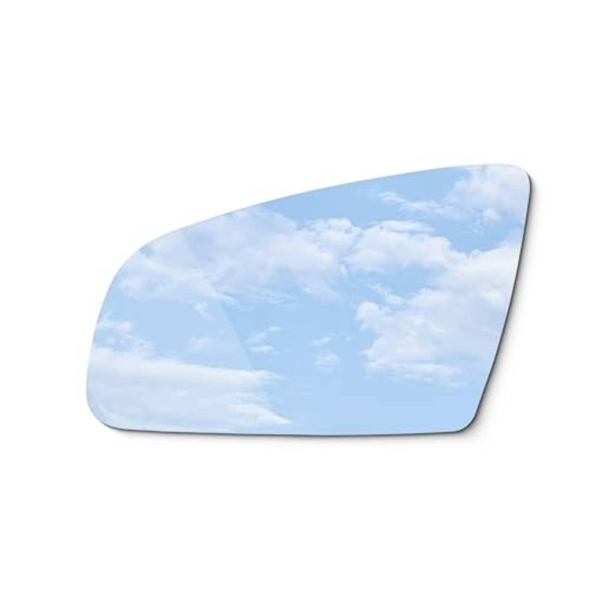 Left-side replacement mirror glass, rounded rectangular, blue sky reflection surface.