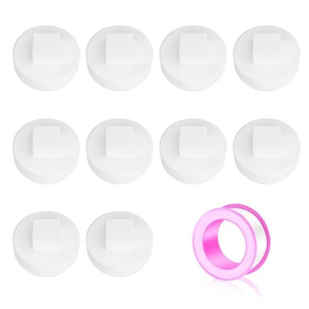 Set of white PVC cleanout plug end caps with square opening, threaded outer edge