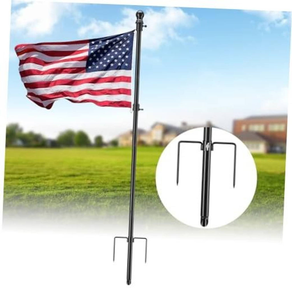 Black inground flag pole kit with base stakes and finial, holding a U.S. flag