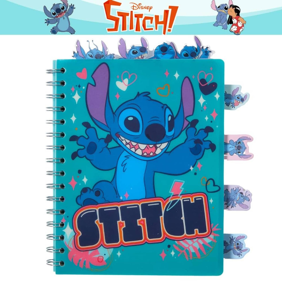 Teal Stitch spiral tab journal cover with cartoon character tabs attached at the side.