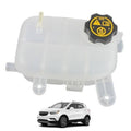 Engine coolant overflow reservoir tank with black cap and yellow warning symbol