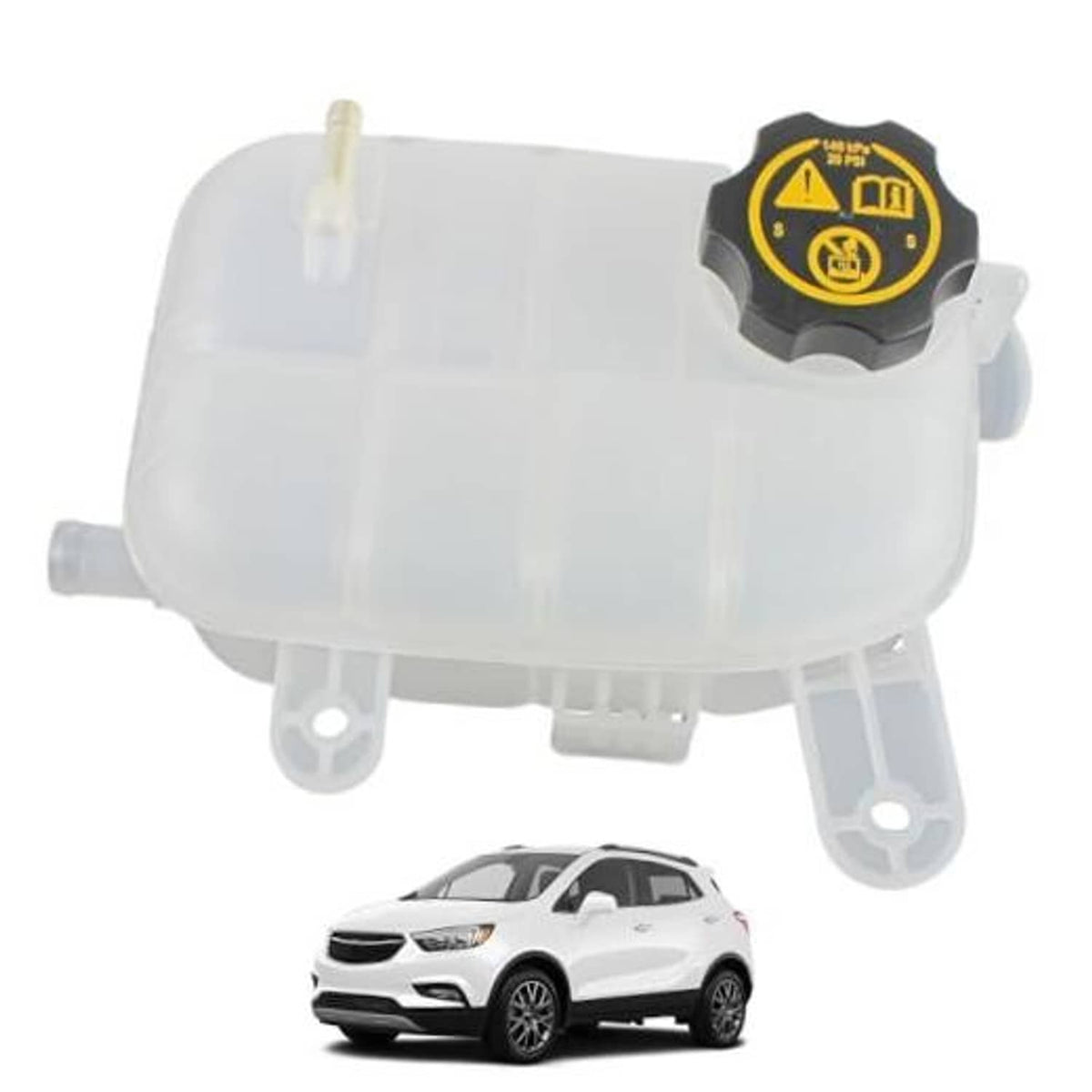Engine coolant overflow reservoir tank with black cap and yellow warning symbol