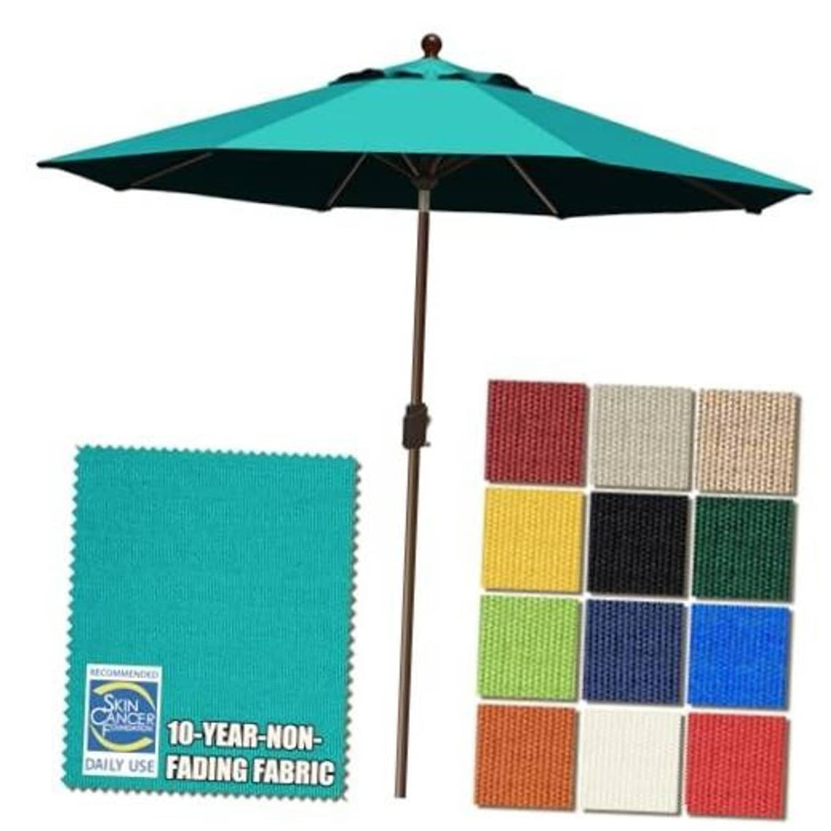 9-ft teal market patio umbrella with dark trim and wooden center pole
