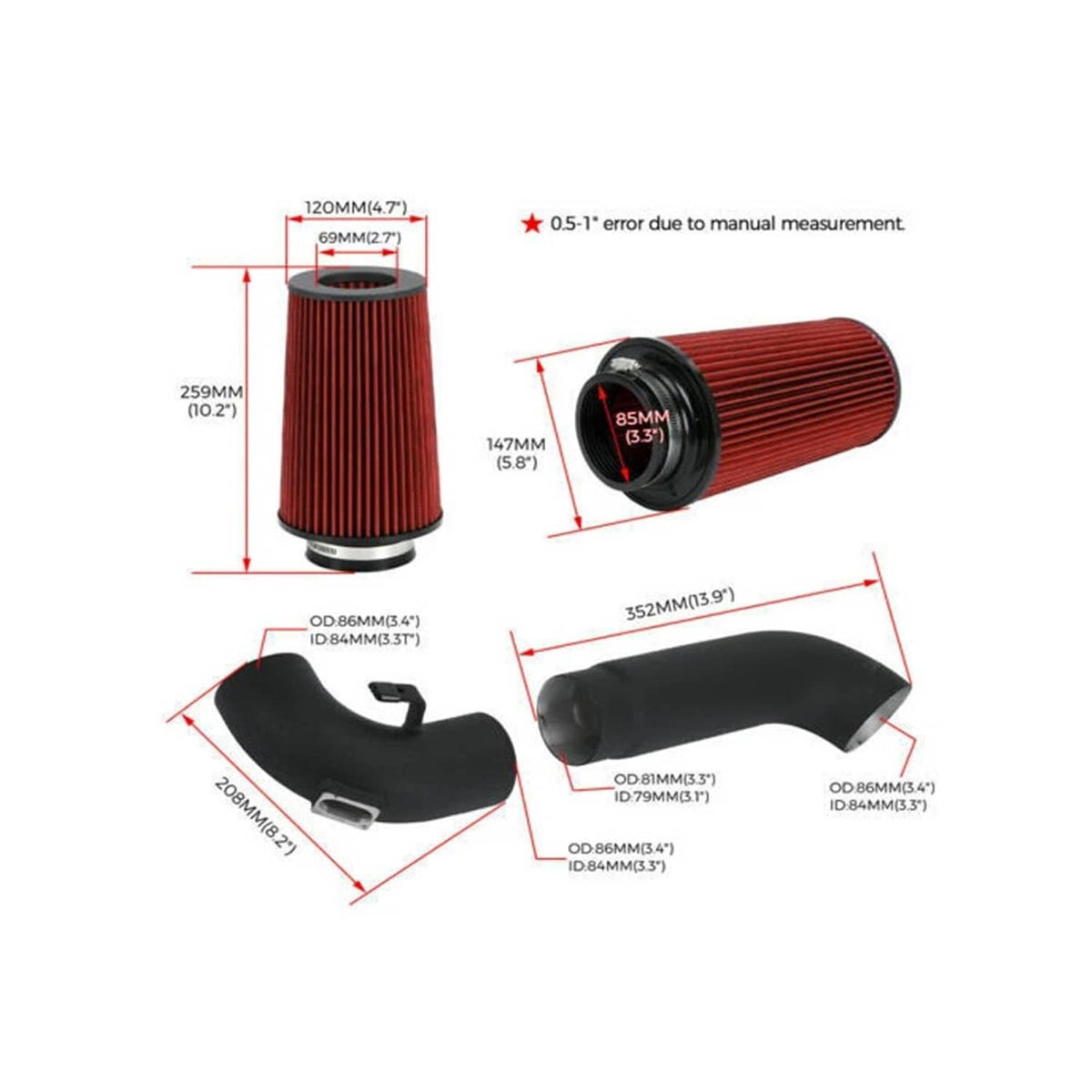 Cold air intake kit filter and intake hose dimension diagram with red filter