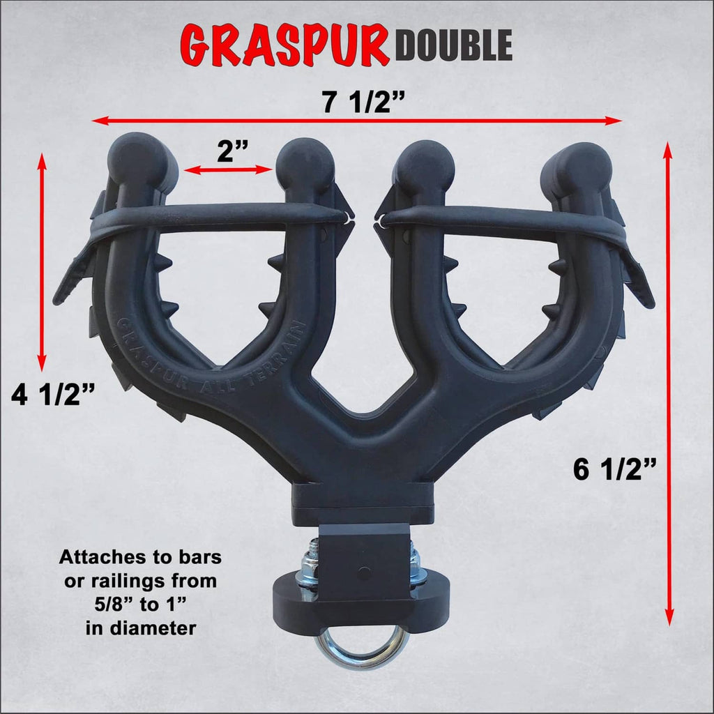Double gun and bow rack dimensions: 7 1/2in wide, 4 1/2in tall; black U-bolt mount.