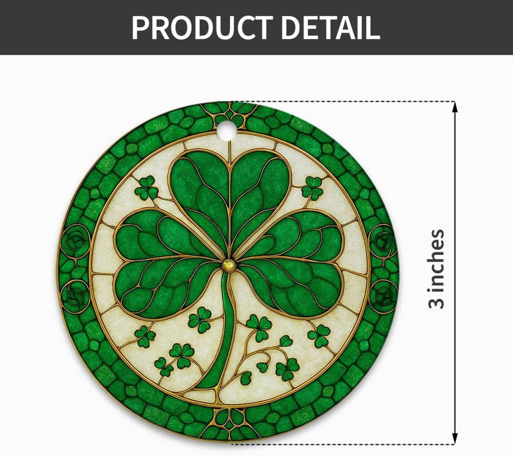 Round ceramic shamrock ornament, green clover tree pattern with red hanging ribbon