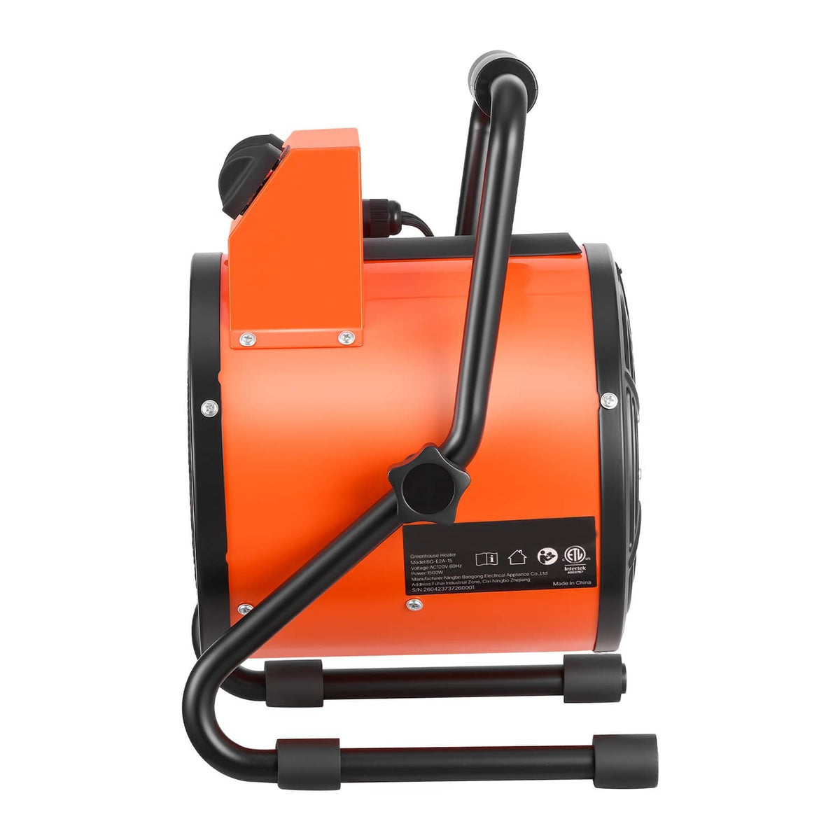 Electric greenhouse heater with orange housing, black handles, and control panel