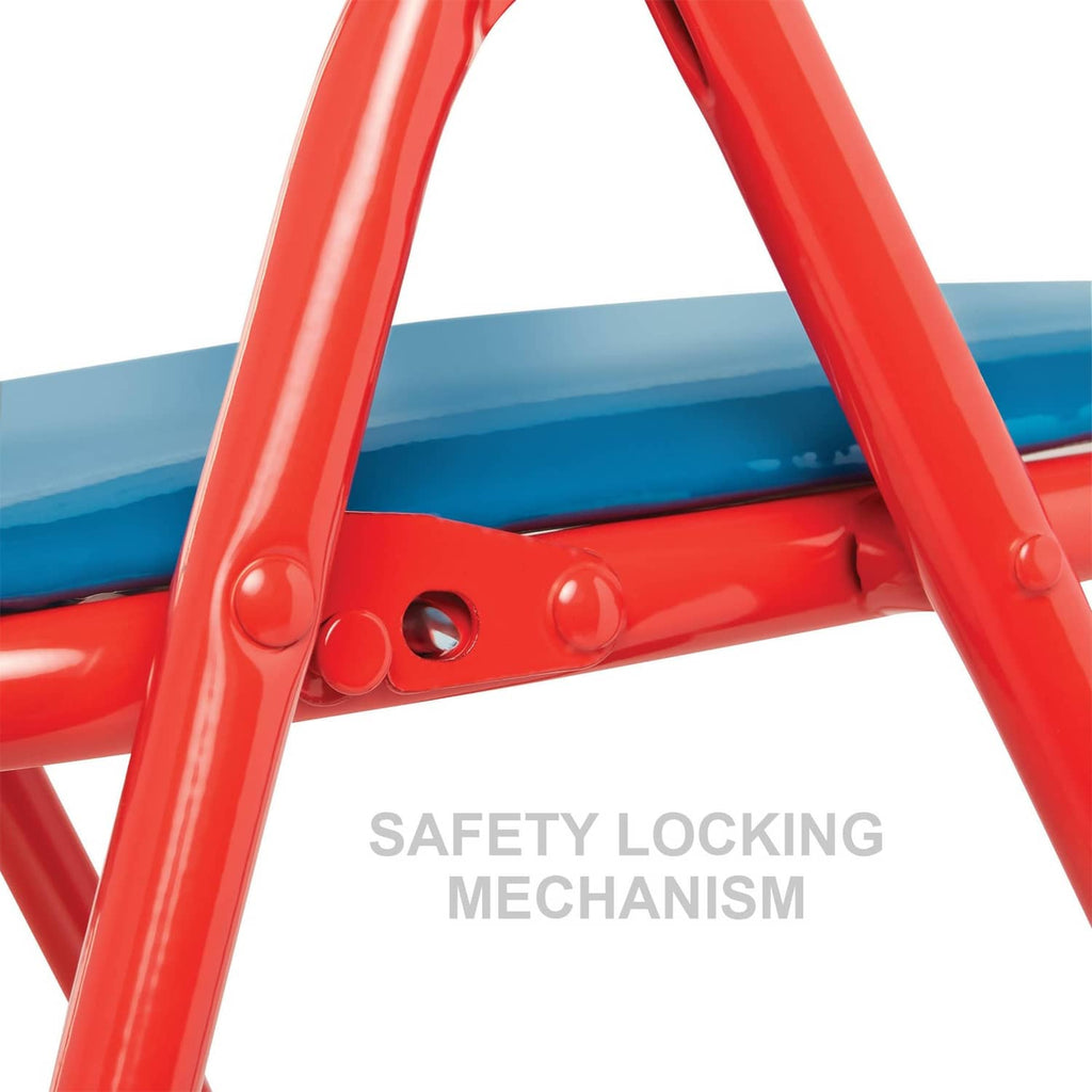 Red plastic safety locking mechanism detail for folding chair frame