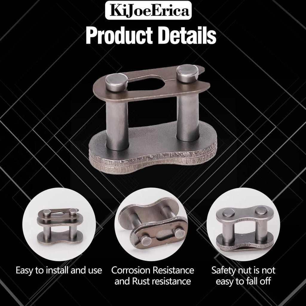 Steel gray bike chain master link connector with close-up detail views