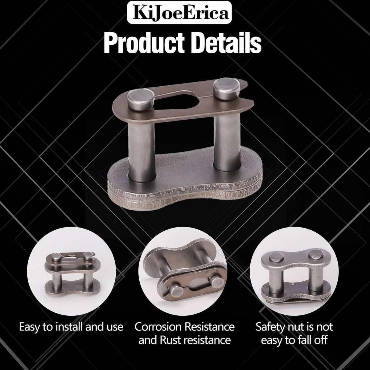 Steel gray bike chain master link connector with close-up detail views