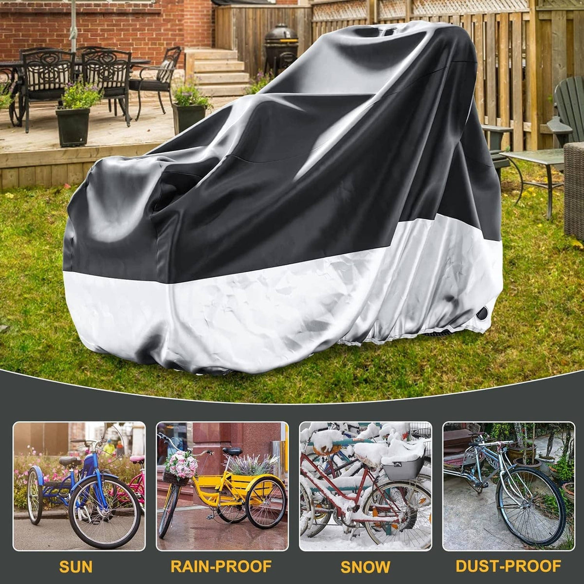 Black and silver tricycle cover on a three-wheeled bike with full-length wrap