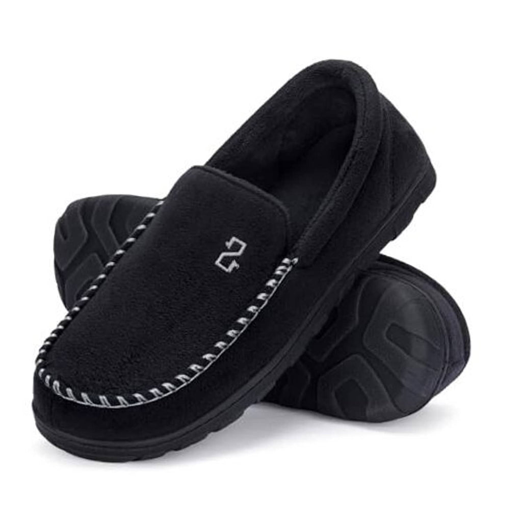 Black moccasin house slippers with contrast stitching and cushioned interior