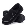 Black moccasin house slippers with contrast stitching and cushioned interior