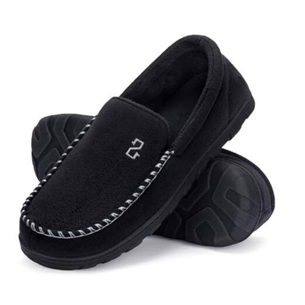 Black moccasin house slippers with contrast stitching and cushioned interior