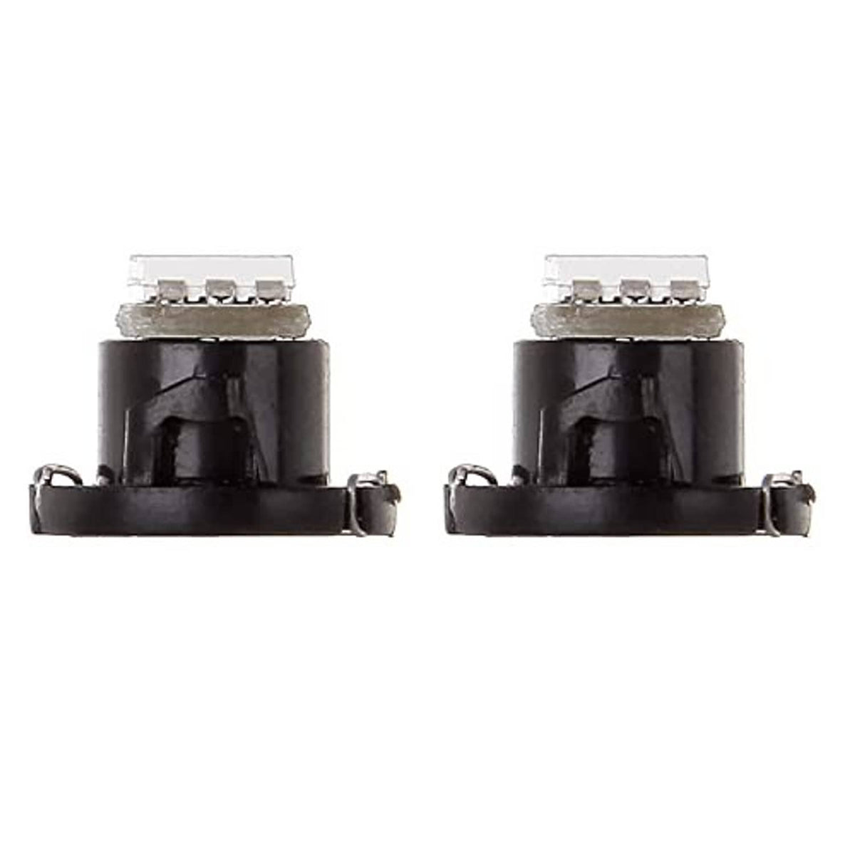 Side view of two black T4.7 neo-wedge LED bulbs with metal contact pins