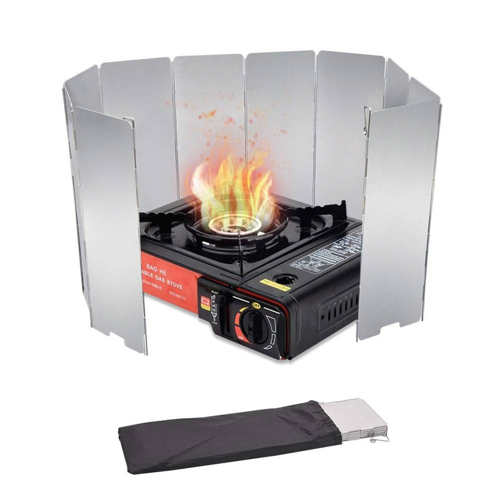 Aluminum stove windscreen with 10 panels showing flames; includes folded carry cover