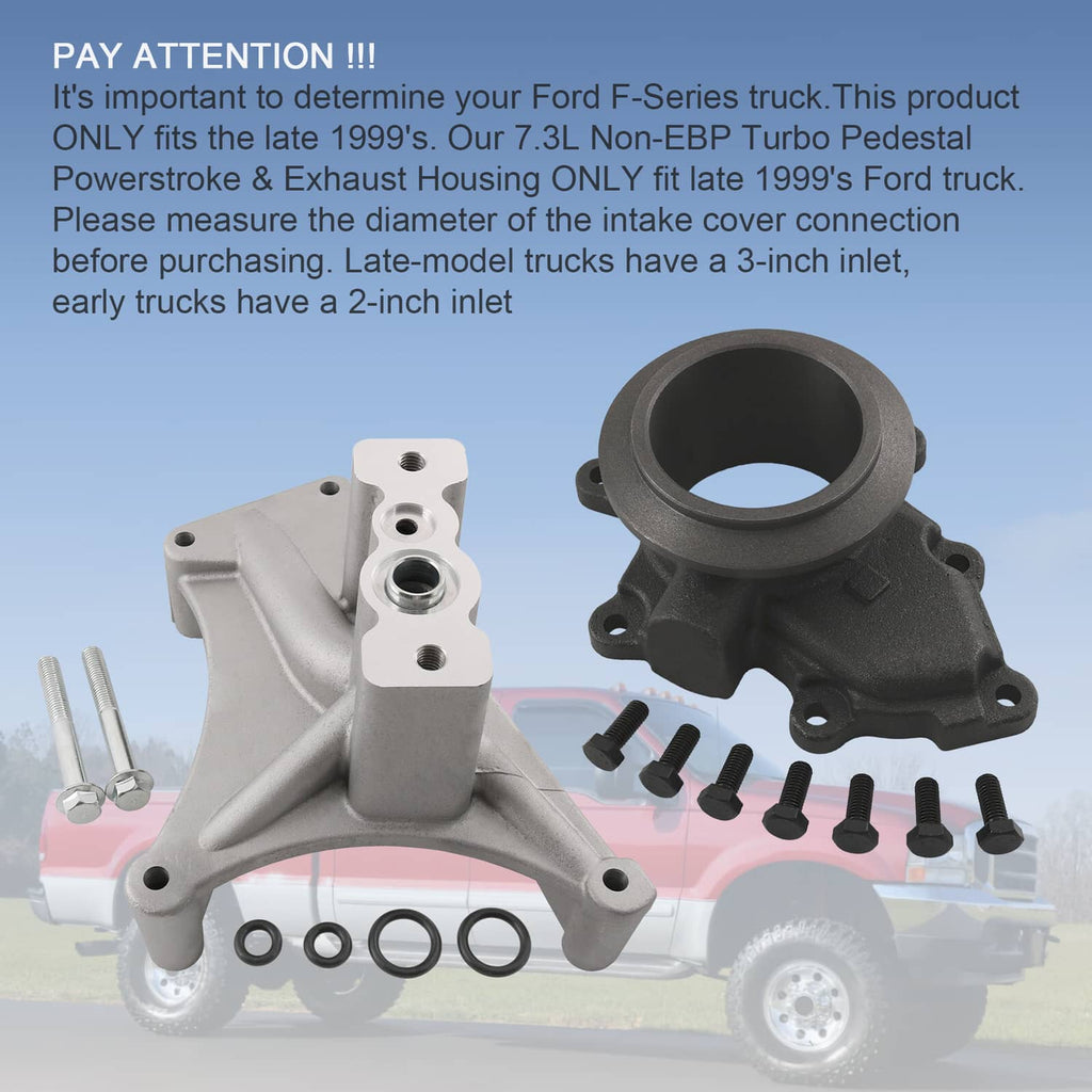 Turbo pedestal and exhaust housing kit with bolts and O-rings, silver and black parts