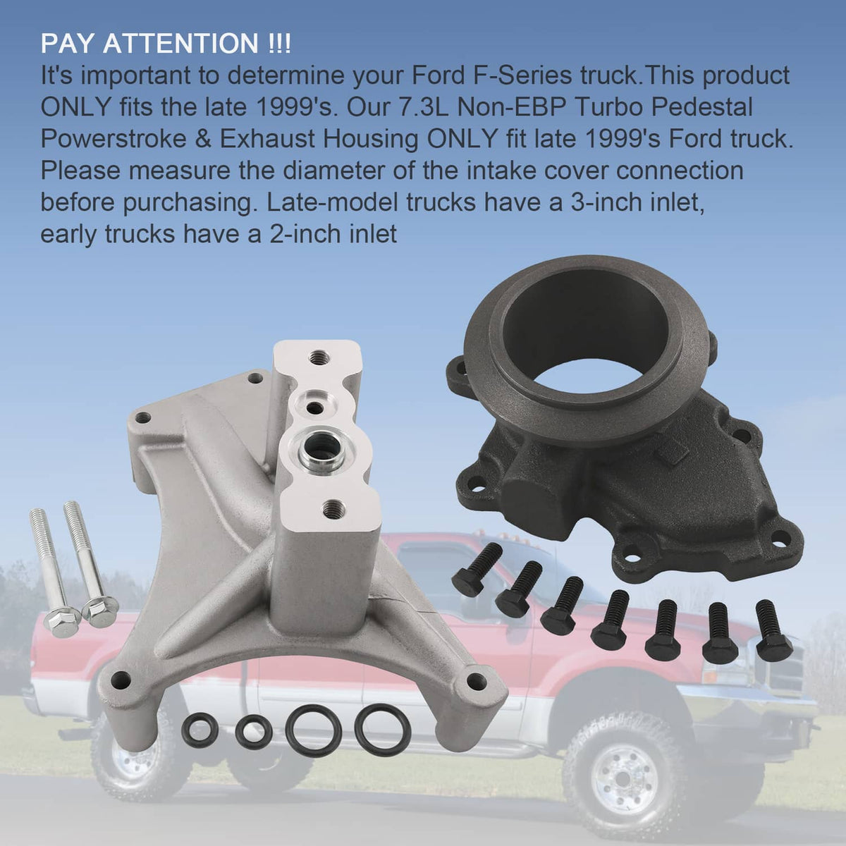 Turbo pedestal and exhaust housing kit with bolts and O-rings, silver and black parts