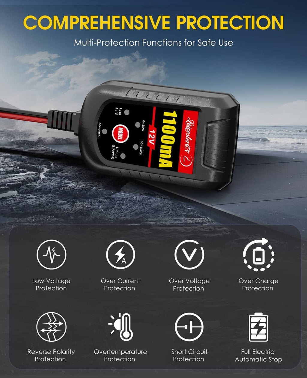 12V 1100mA car battery charger with red/black leads and protection indicator icons