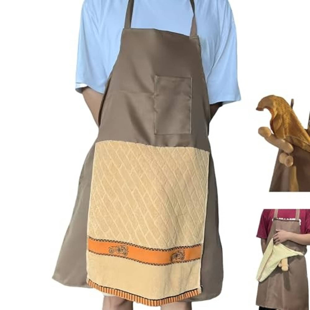 Brown bib apron with square pocket and beige towel with orange trim