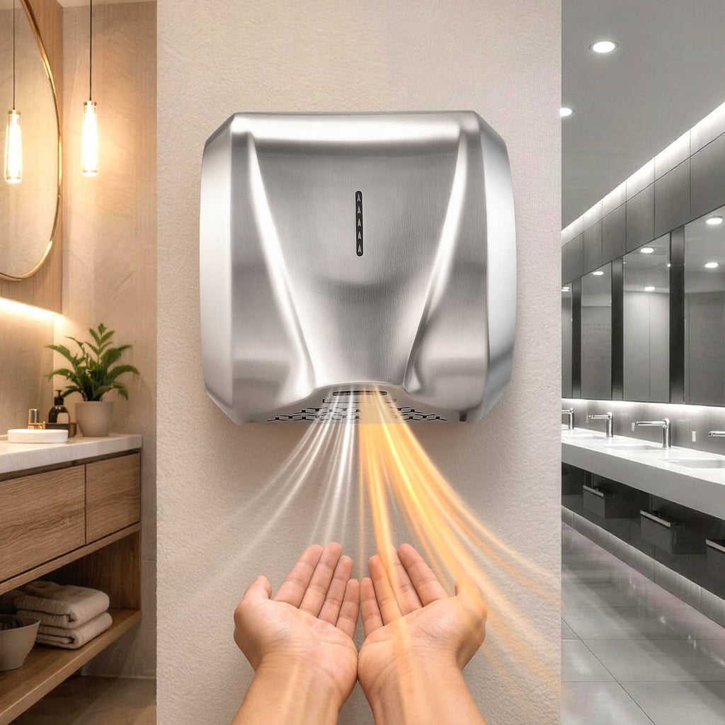 Wall-mounted stainless steel automatic hand dryer with hands under warm airflow